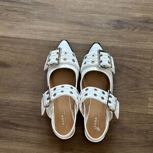 SODA White Patent Flats with Black Pointed Toe & Double Buckles